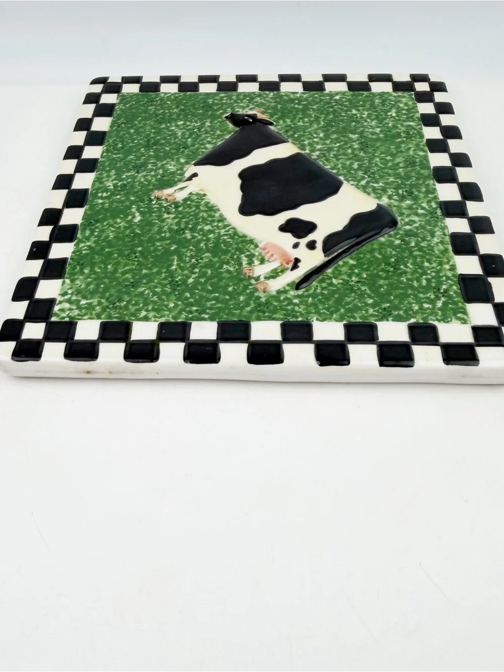 Sakura Oneida Warren Kimble Cow Checkered Square Trivet Tile Farm Rustic Vtg 7”